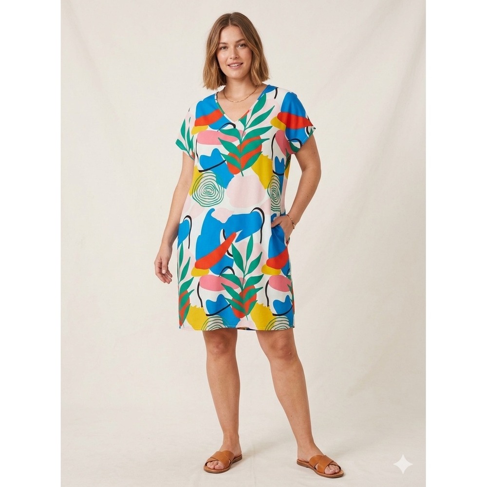 Emery Rose Womens XL Abstract‎ Print V-Neck Shift Dress Short Sleeve Multi-Color